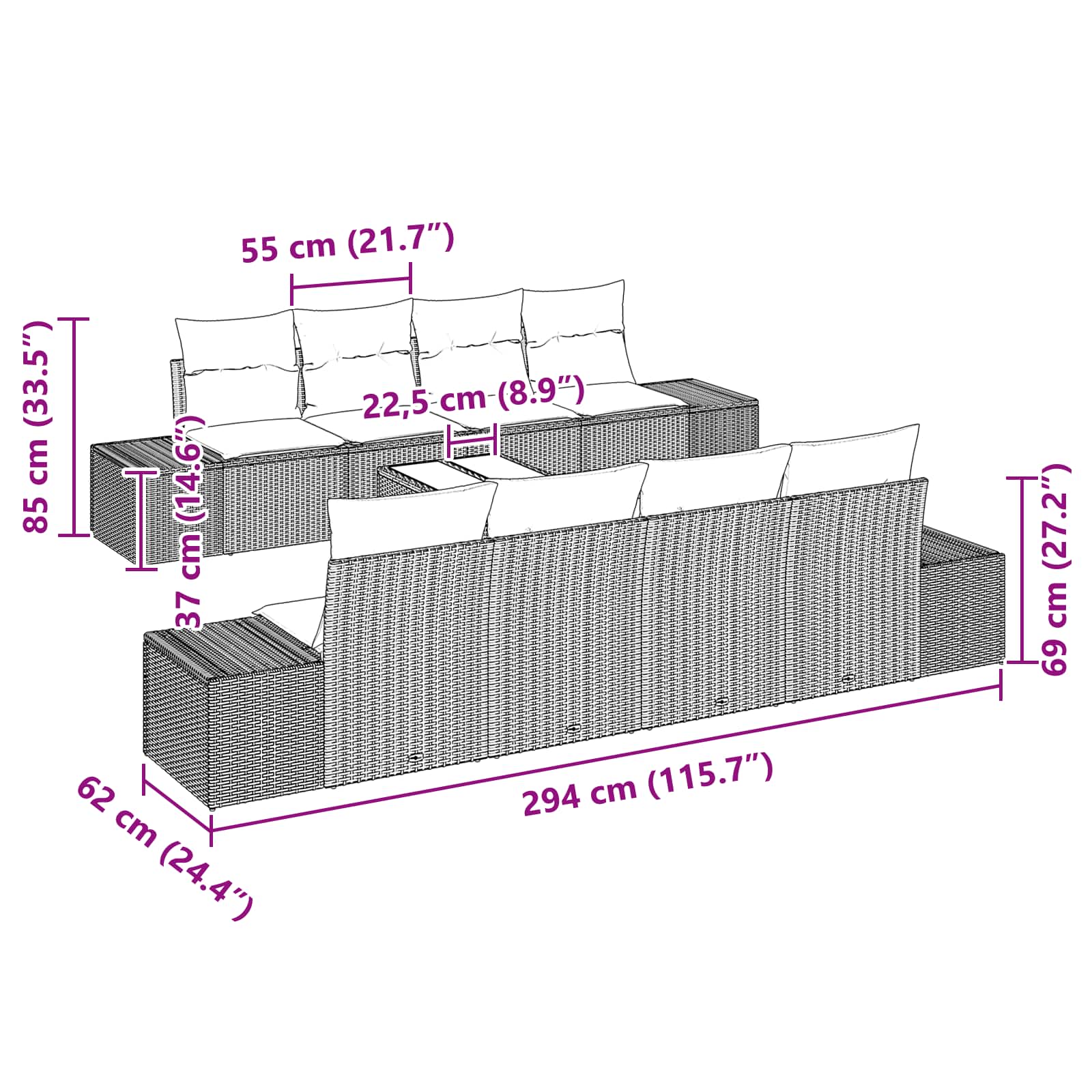 Sofa Set mit Kissen 9 pcs Braun Poly Rattan