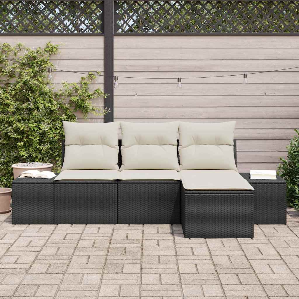 Sofa Set mit Kissen 4 pcs Schwarz Poly Rattan