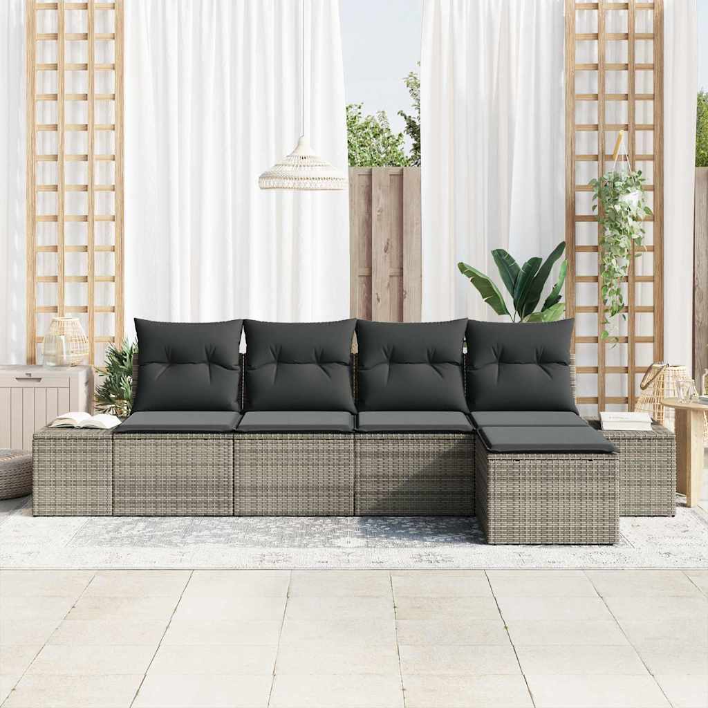 Sofa Set mit Kissen 5 pcs Grau Poly Rattan