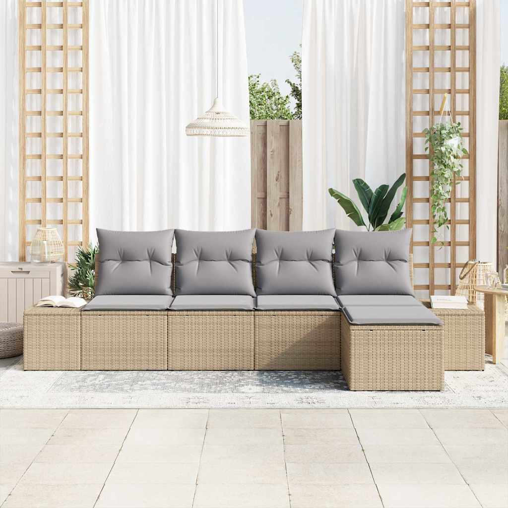 Sofa Set mit Kissen 5 pcs Beige Poly Rattan