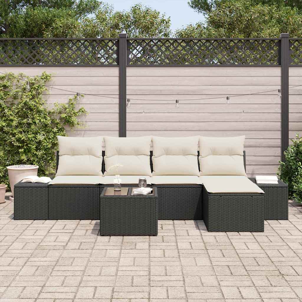 Sofa Set mit Kissen 6 pcs Schwarz Poly Rattan