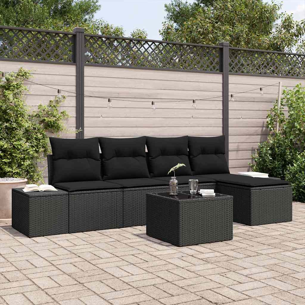 Sofa Set mit Kissen 6 pcs Schwarz Poly Rattan