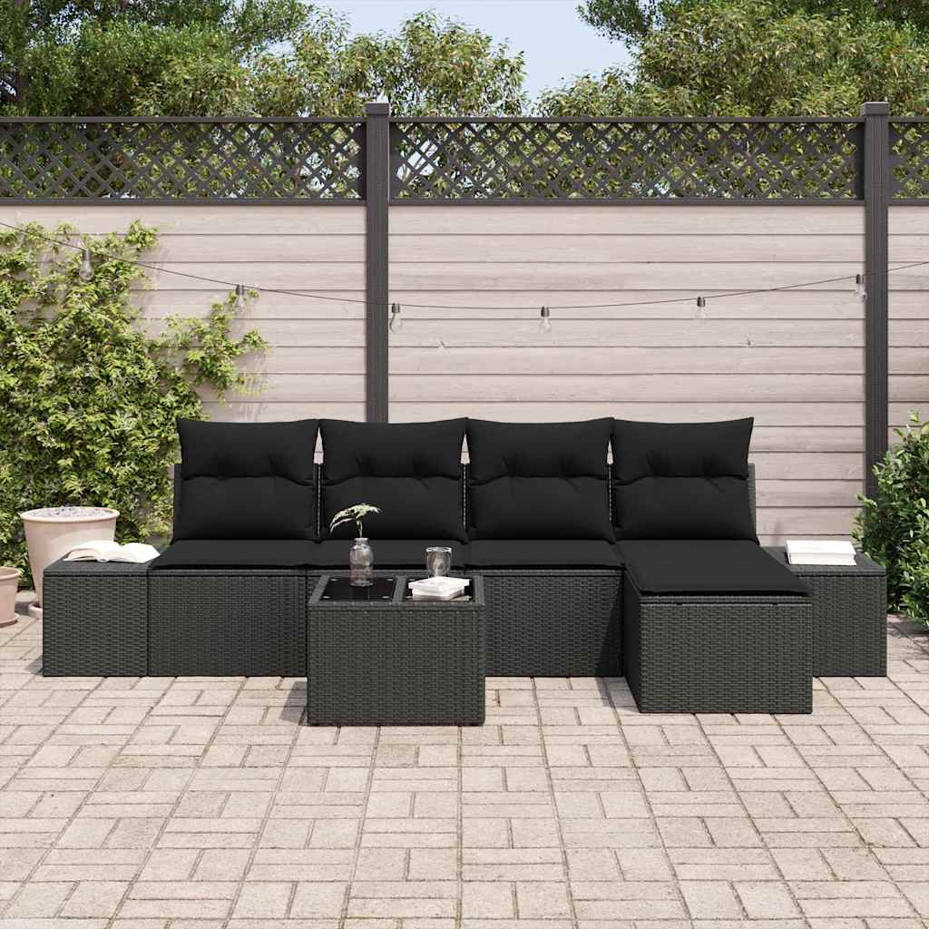 Sofa Set mit Kissen 6 pcs Schwarz Poly Rattan