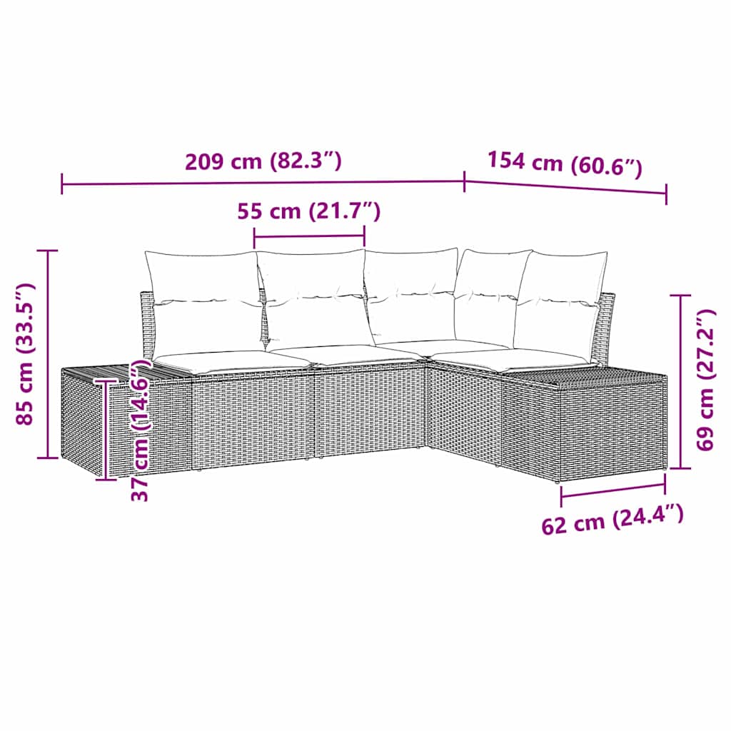 Gartensofa-set 4 pcs Hellgrau Poly-Rattan