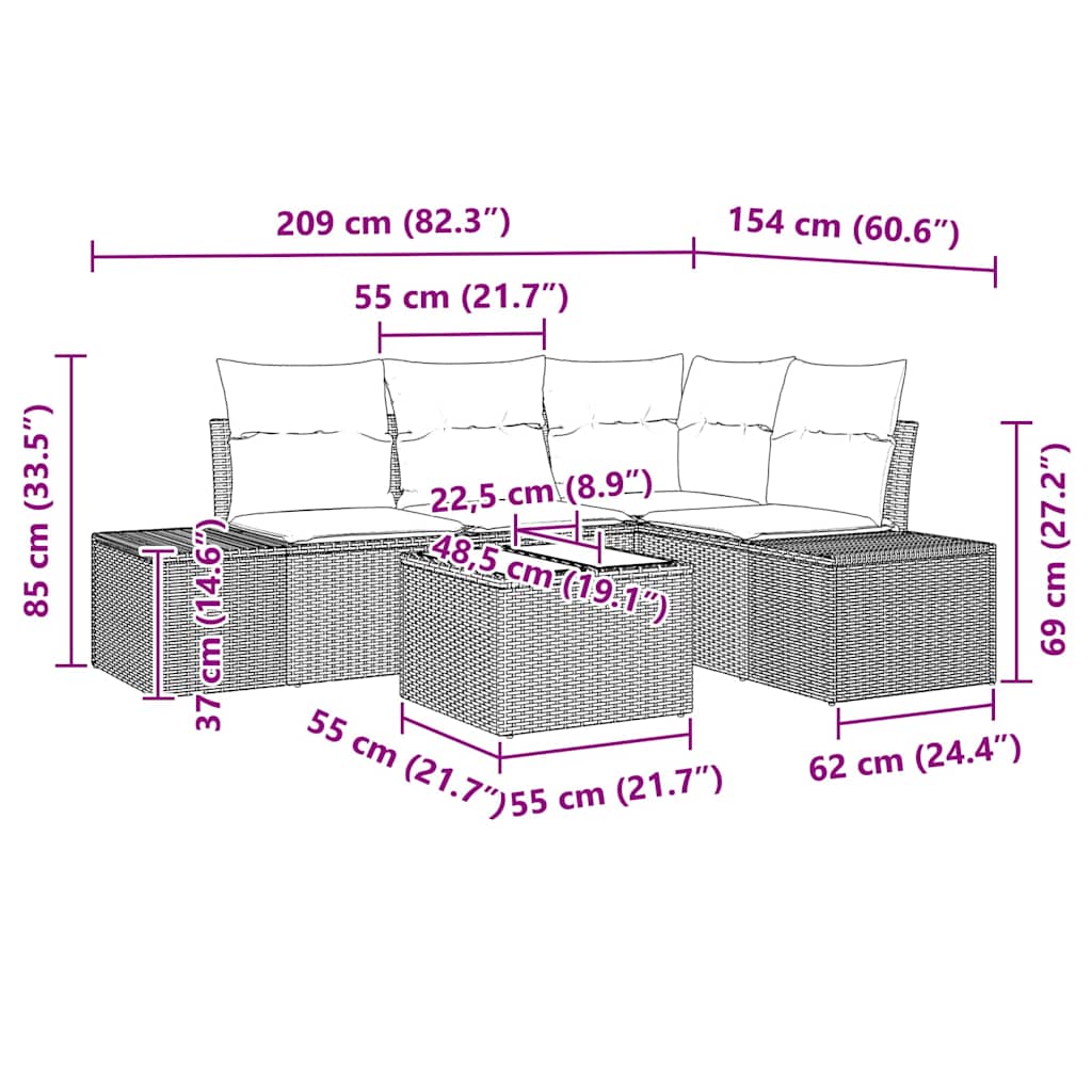 Gartensofa-set 5 pcs Braun Poly-Rattan