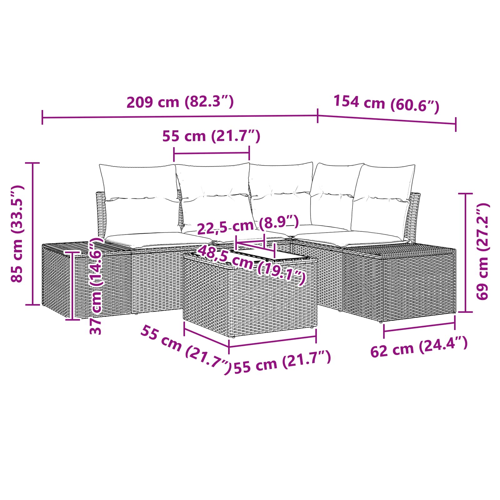 Gartensofa-set mit Kissen 5 pcs Braun Poly-Rattan