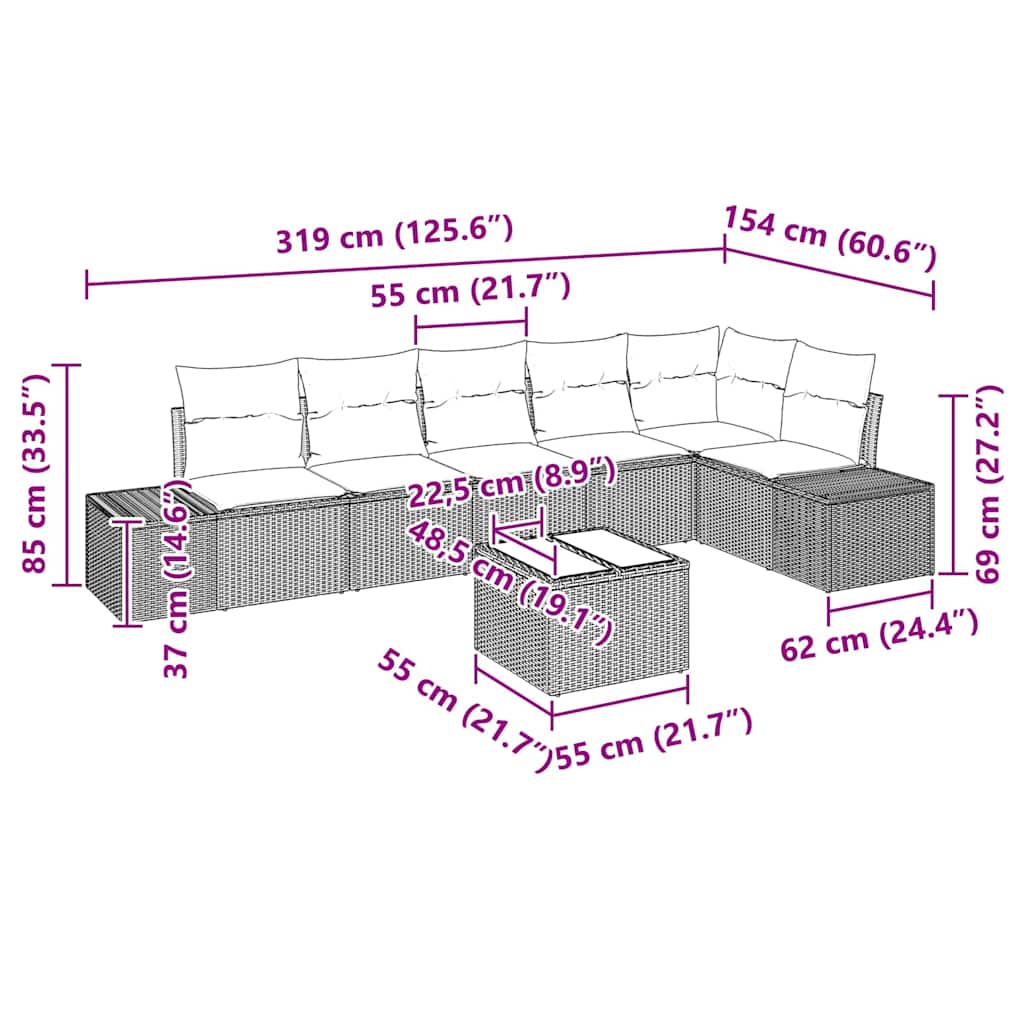 Gartensofa-set mit Kissen 7 pcs Schwarz und Creme Poly-Rattan