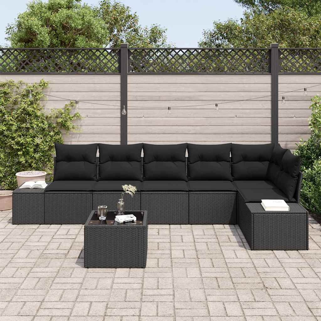 Gartensofa-set mit Kissen 7 pcs Schwarz Poly-Rattan