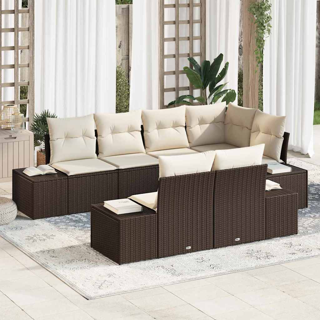 Gartensofa-set mit Kissen 7 pcs Braun und Creme Poly-Rattan