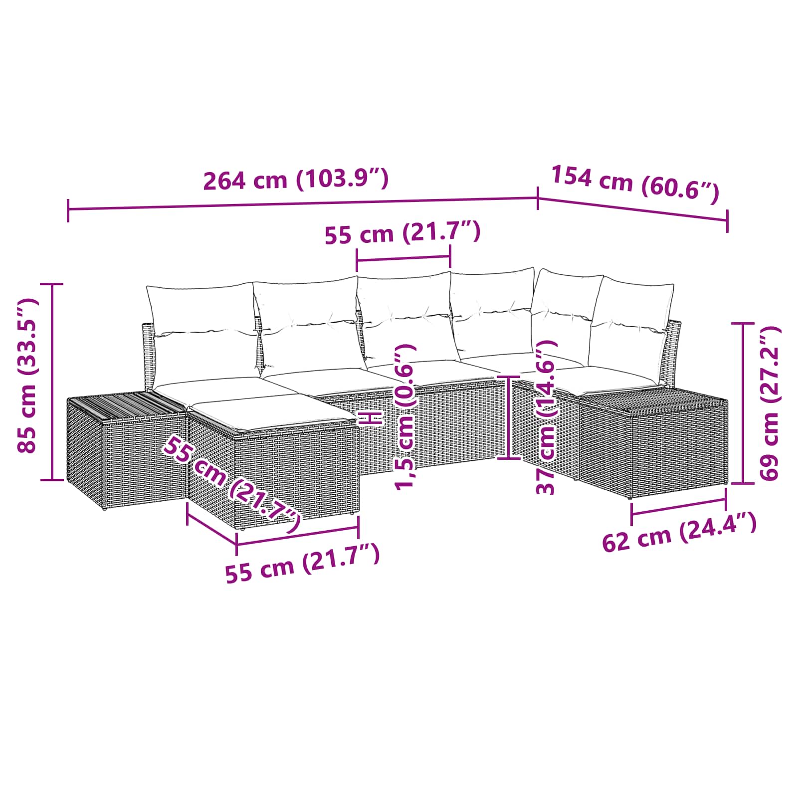 Gartensofa-set mit Kissen 6 pcs Braun Poly-Rattan