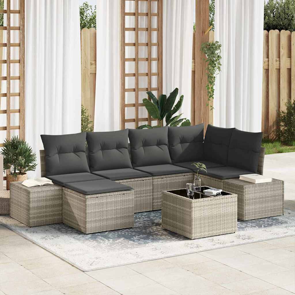 Gartensofa-set mit Kissen 7 pcs Hellgrau Poly-Rattan