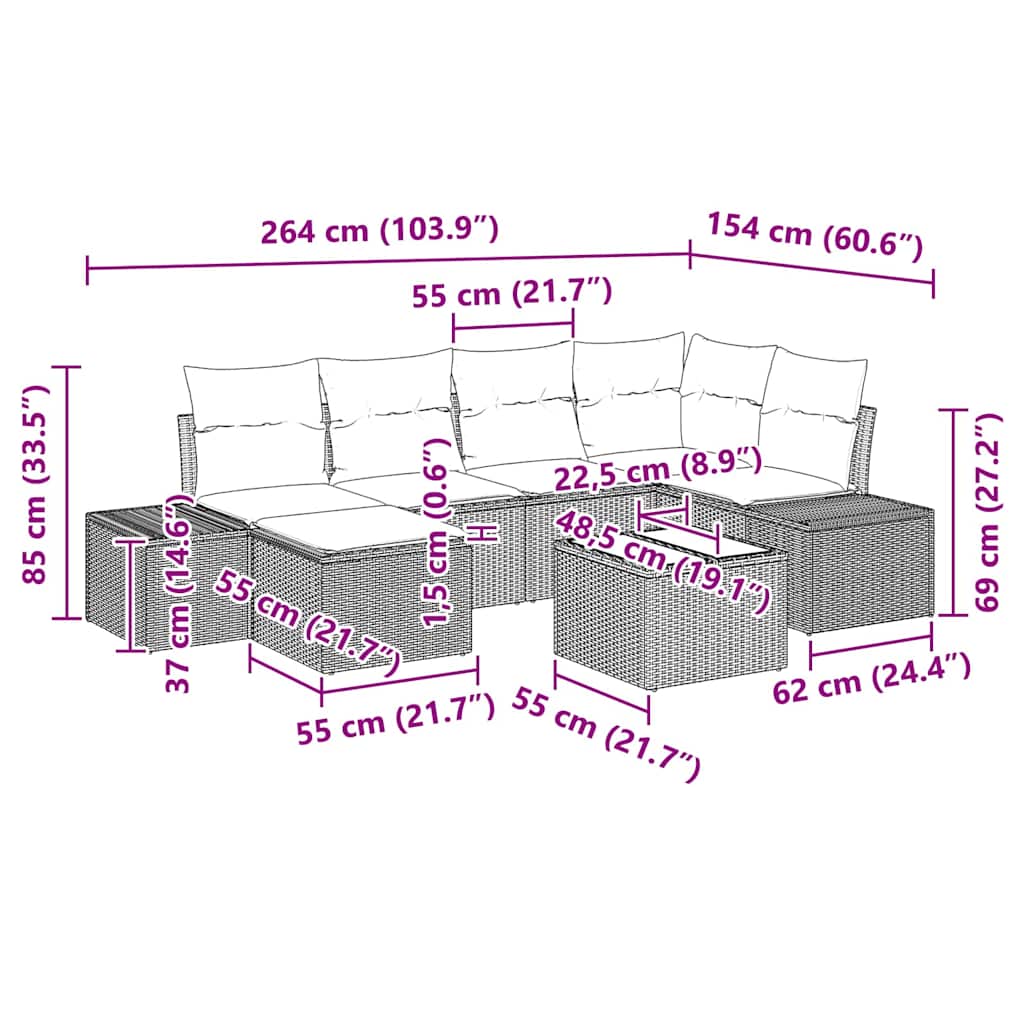 Gartensofa-set mit Kissen 7 pcs Schwarz Poly-Rattan