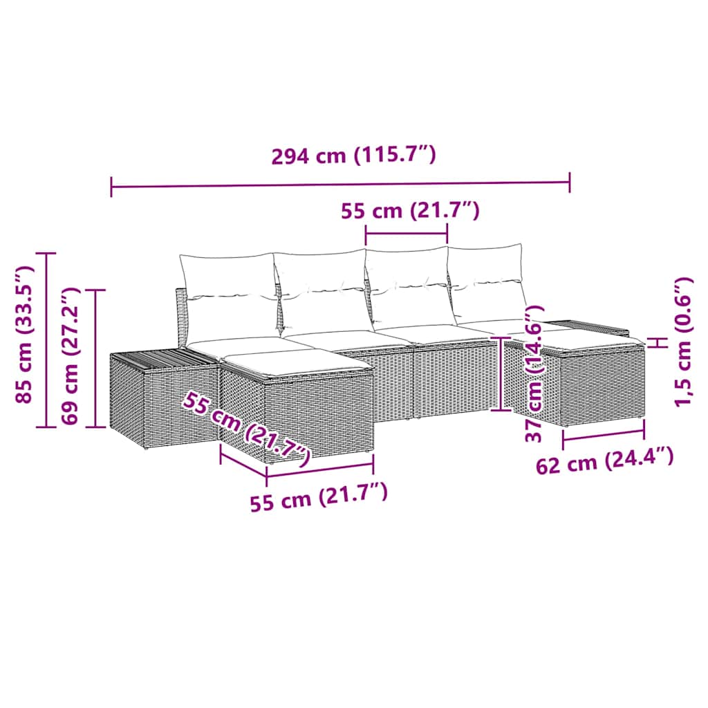 Gartensofa-set mit Kissen 6 pcs Braun Poly-Rattan
