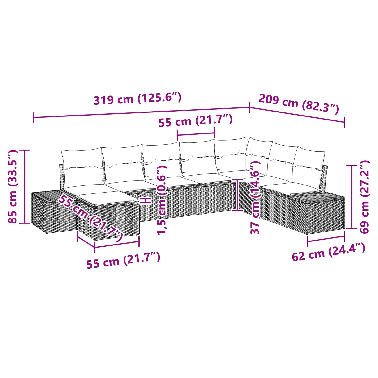 Gartensofa-set mit Kissen 8 pcs Braun Poly-Rattan