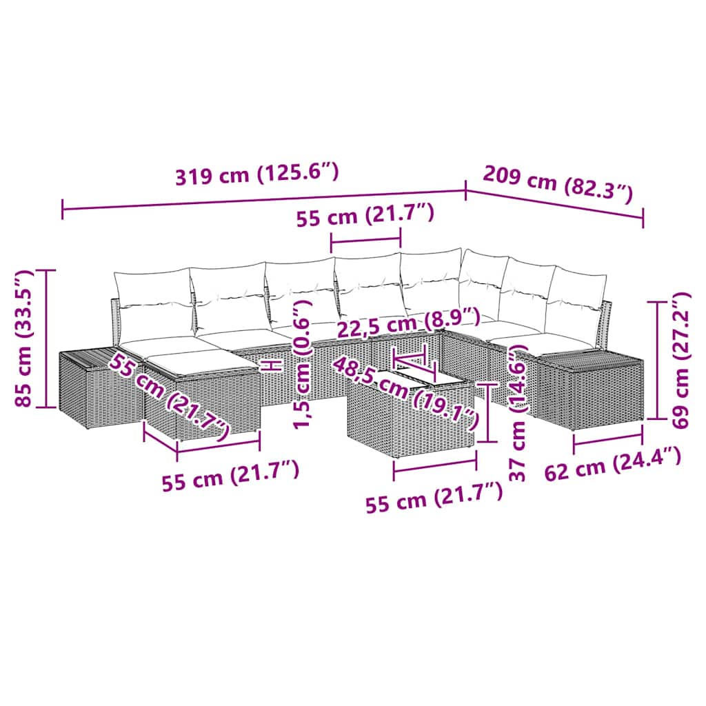 Gartensofa-set mit Kissen 9 pcs Braun Poly-Rattan