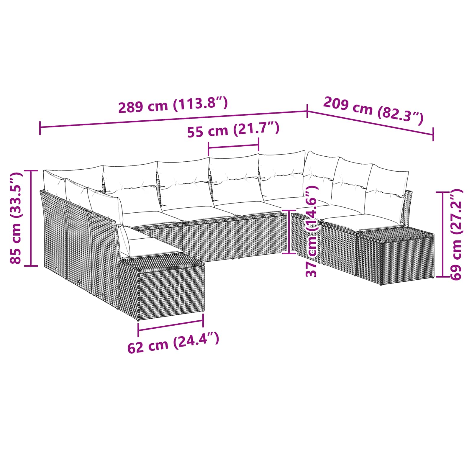 Gartensofa-set mit Kissen 9 pcs Braun Poly-Rattan