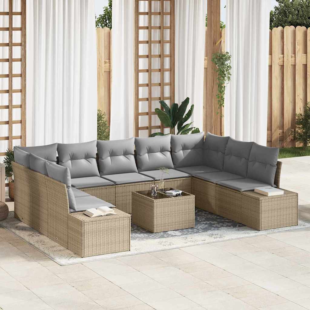 Gartensofa-set mit Kissen 10 pcs Beige Poly-Rattan