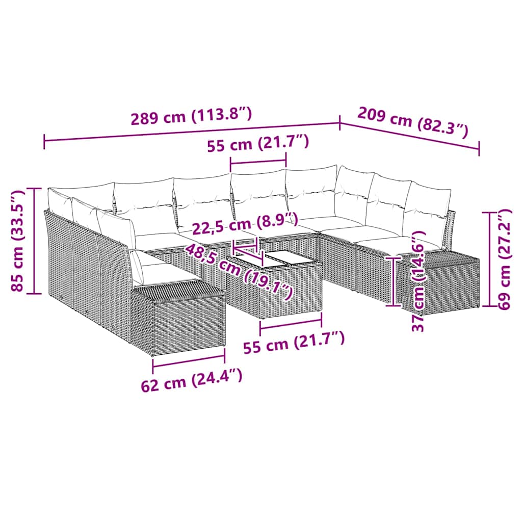 Gartensofa-set mit Kissen 10 pcs Beige Poly-Rattan