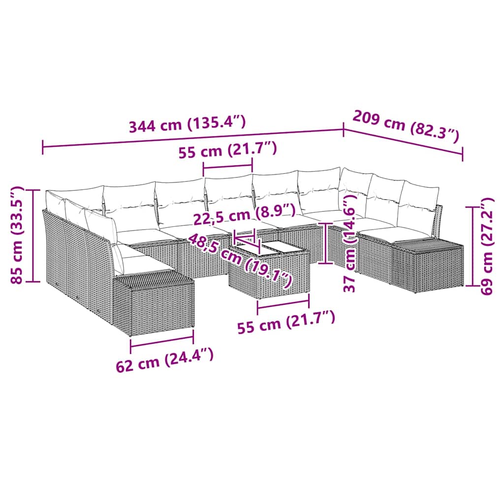 Gartensofa-set mit Kissen 11 pcs Hellgrau Poly-Rattan