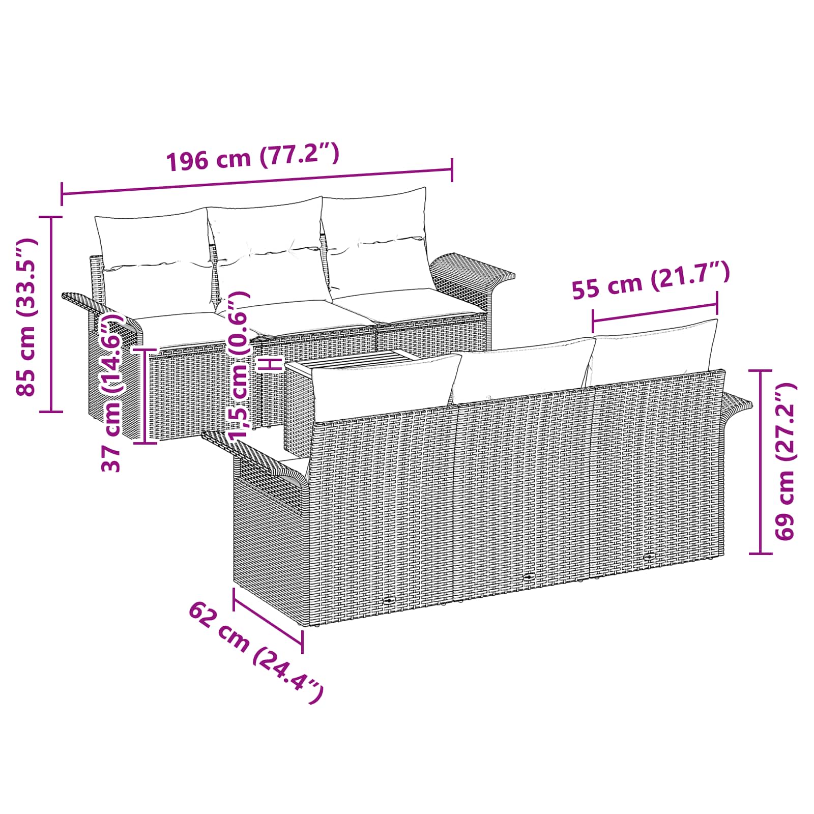Gartensofa-set mit Kissen 7 pcs Grau Poly-Rattan