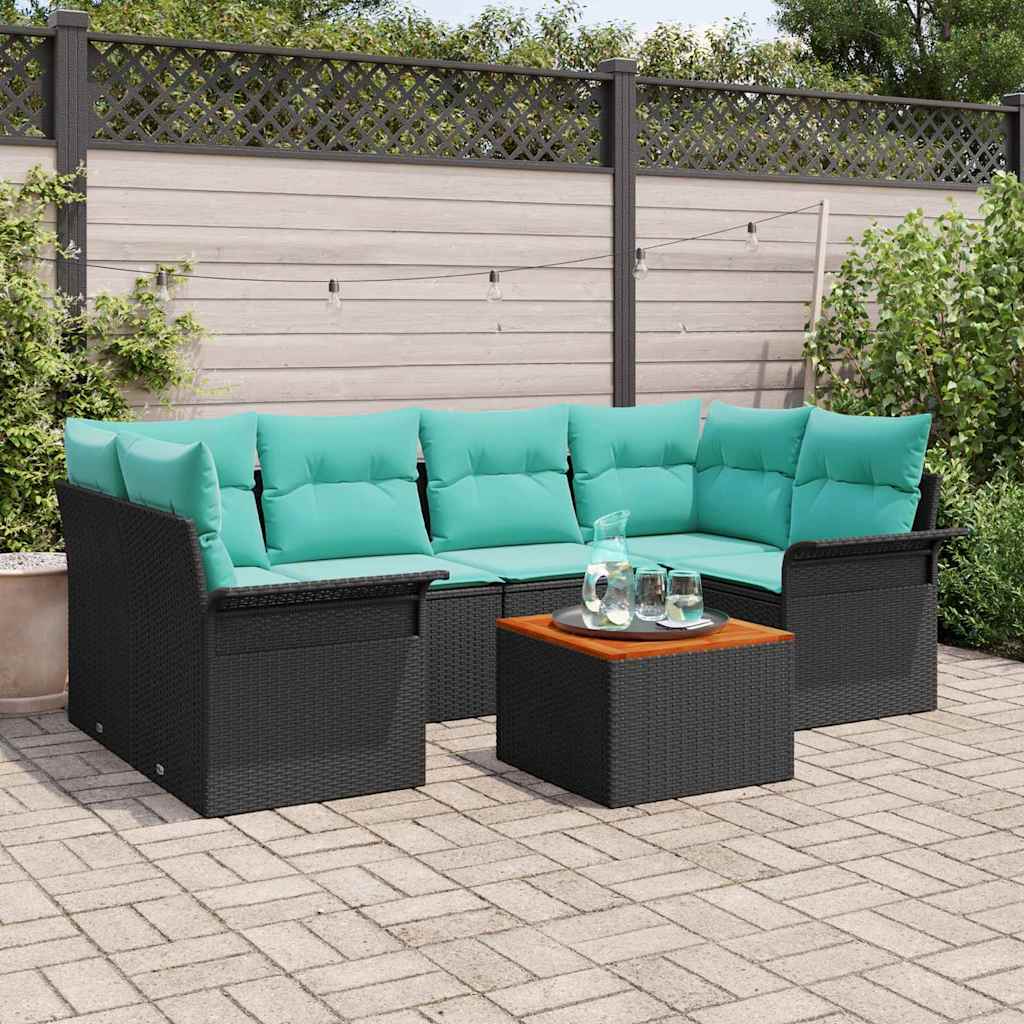 Gartensofa-set mit Kissen 7 pcs Schwarz Poly-Rattan