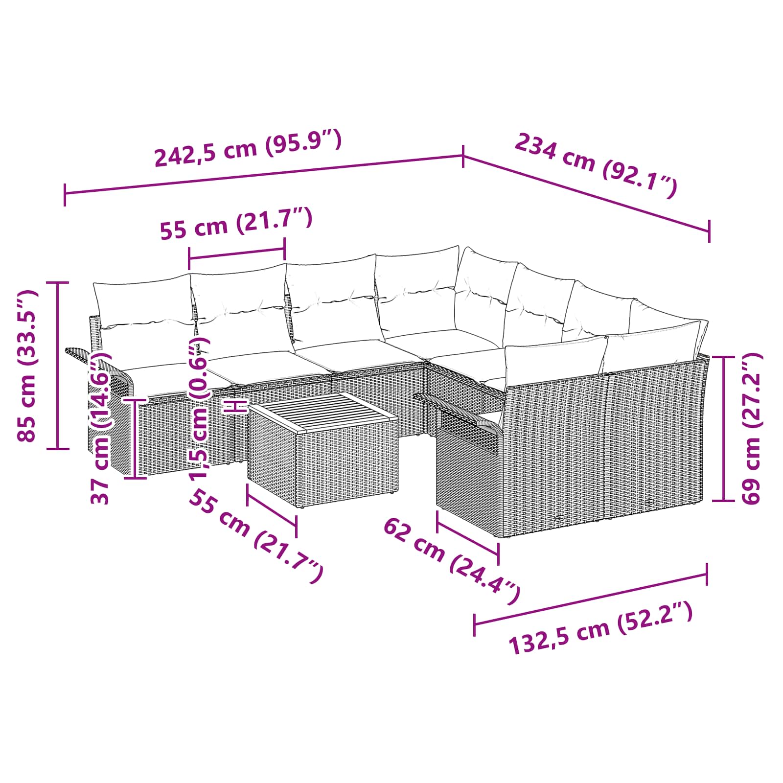 Gartensofa-set mit Kissen 9 pcs Grau Poly-Rattan