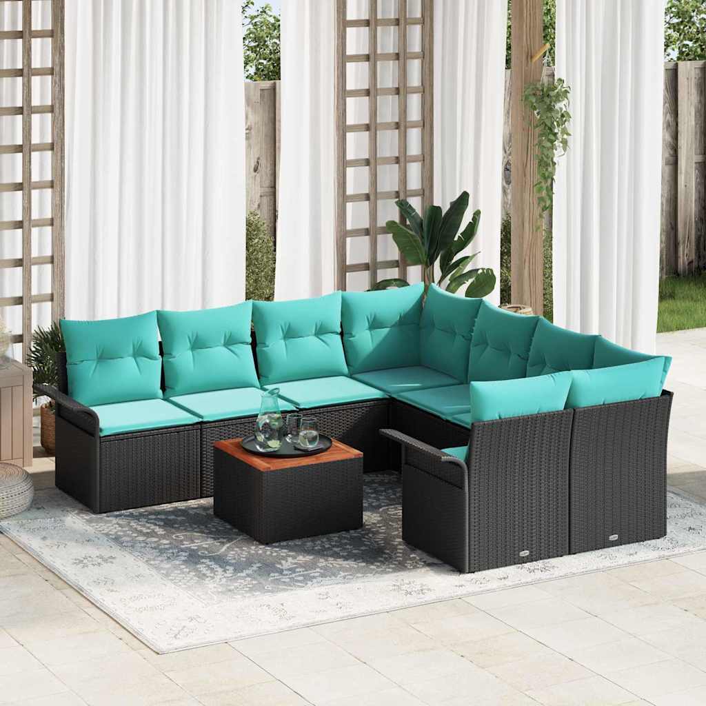 Gartensofa-set mit Kissen 9 pcs Schwarz Poly-Rattan