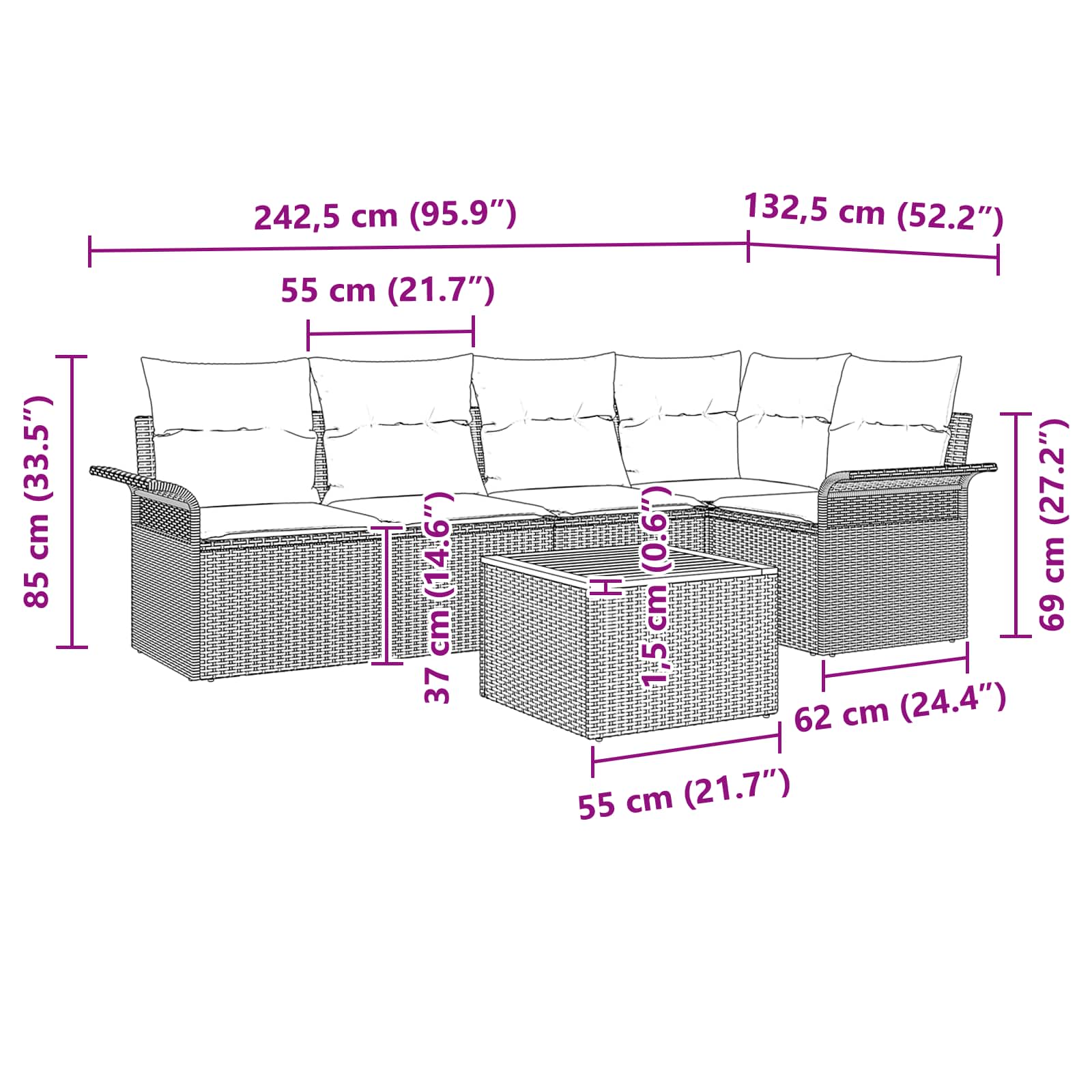 Gartensofa-set mit Kissen 6 pcs Grau Poly-Rattan