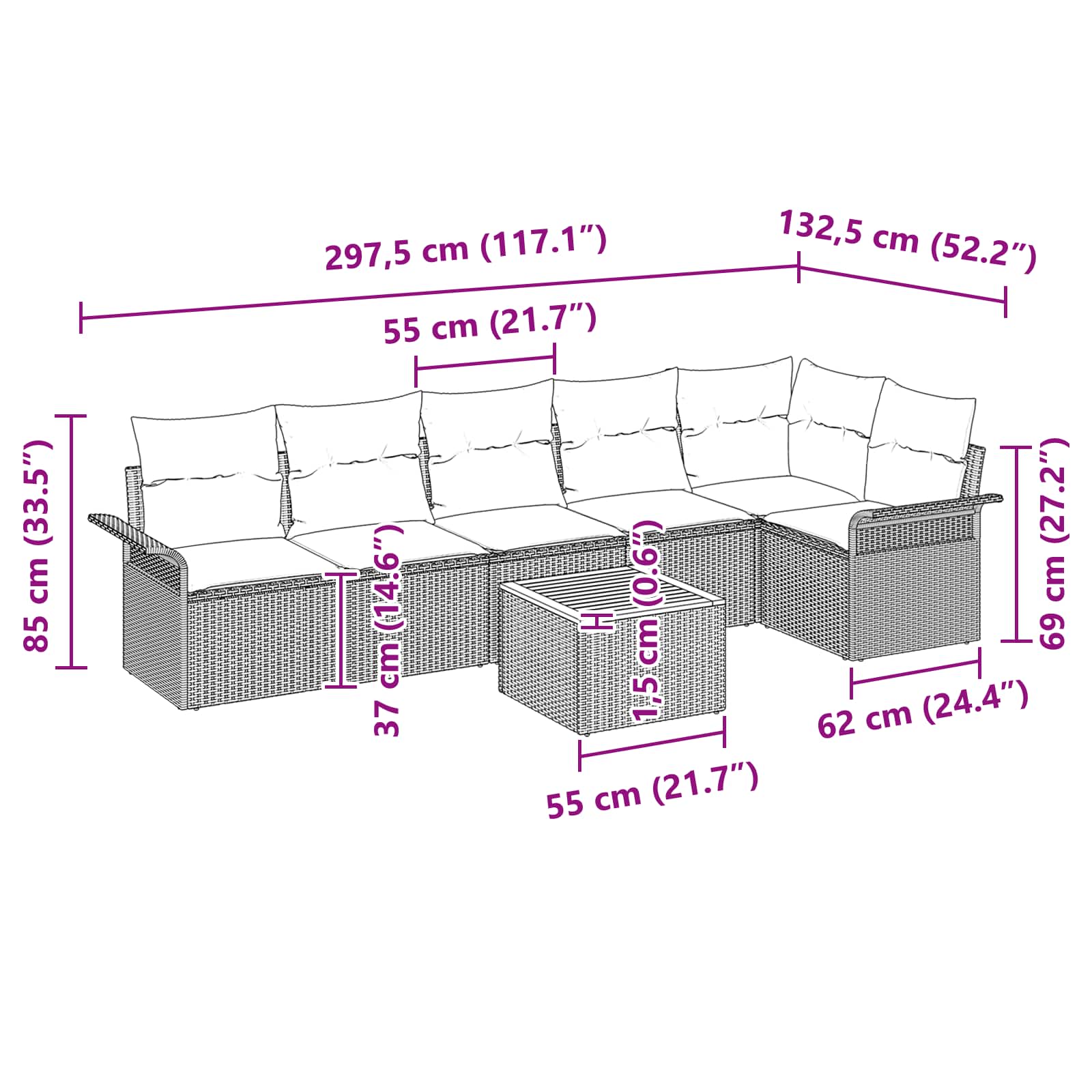 Gartensofa-set mit Kissen 7 pcs Schwarz Poly-Rattan