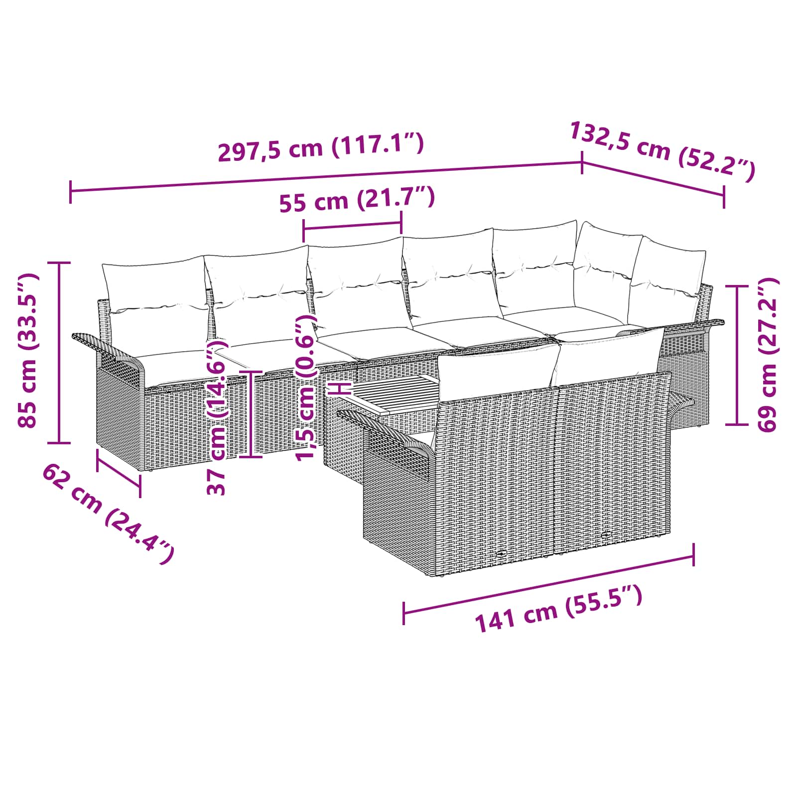 Gartensofa-set mit Kissen 9 pcs Schwarz Poly-Rattan