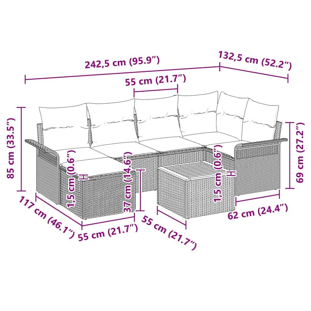 Gartensofa-set mit Kissen 7 pcs Schwarz Poly-Rattan