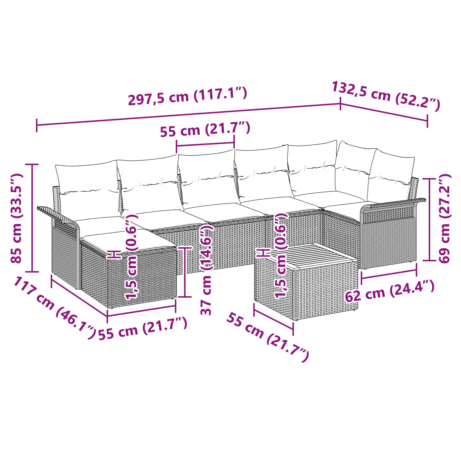 Gartensofa-set mit Kissen 8 pcs Schwarz Poly-Rattan