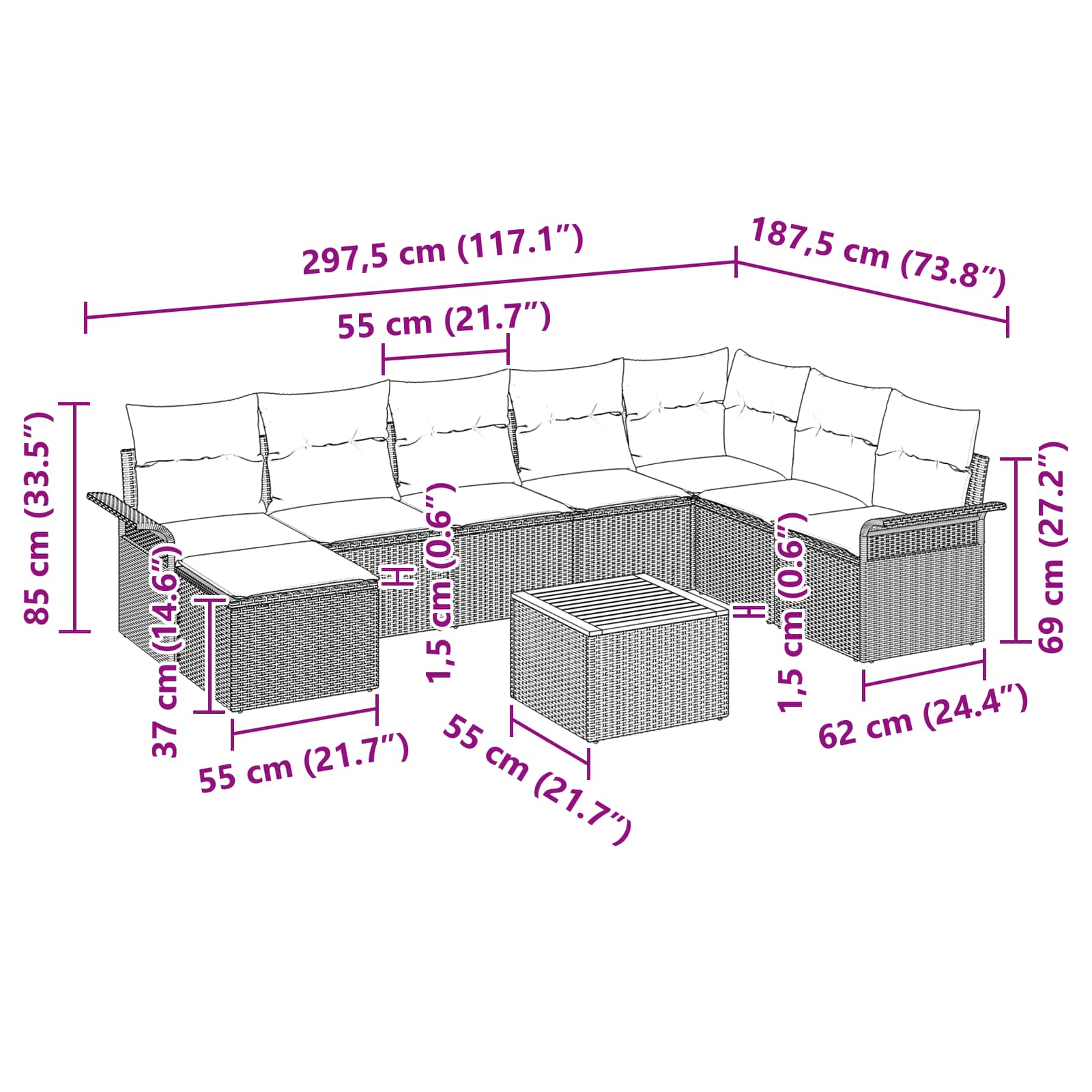 Gartensofa-set mit Kissen 9 pcs Grau Poly-Rattan