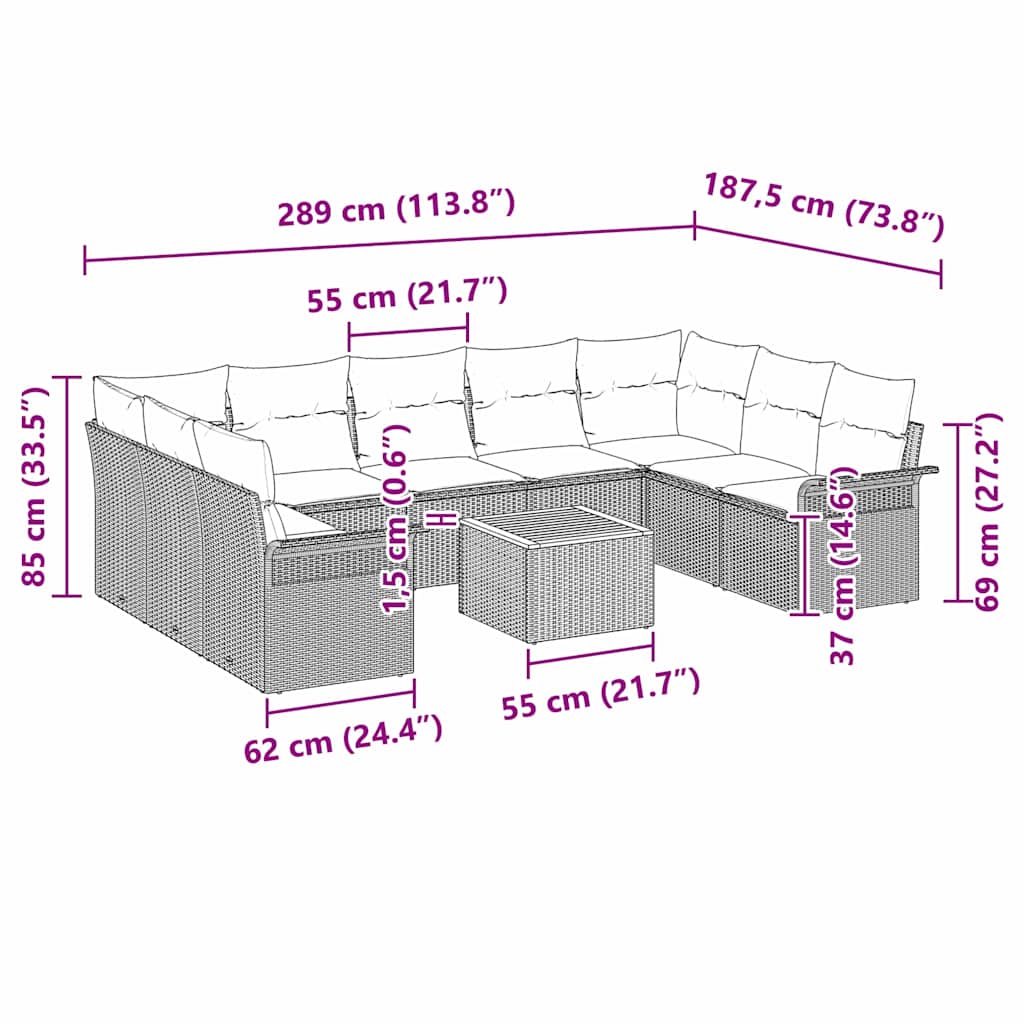 Gartensofa-set mit Kissen 10 pcs Schwarz Poly-Rattan