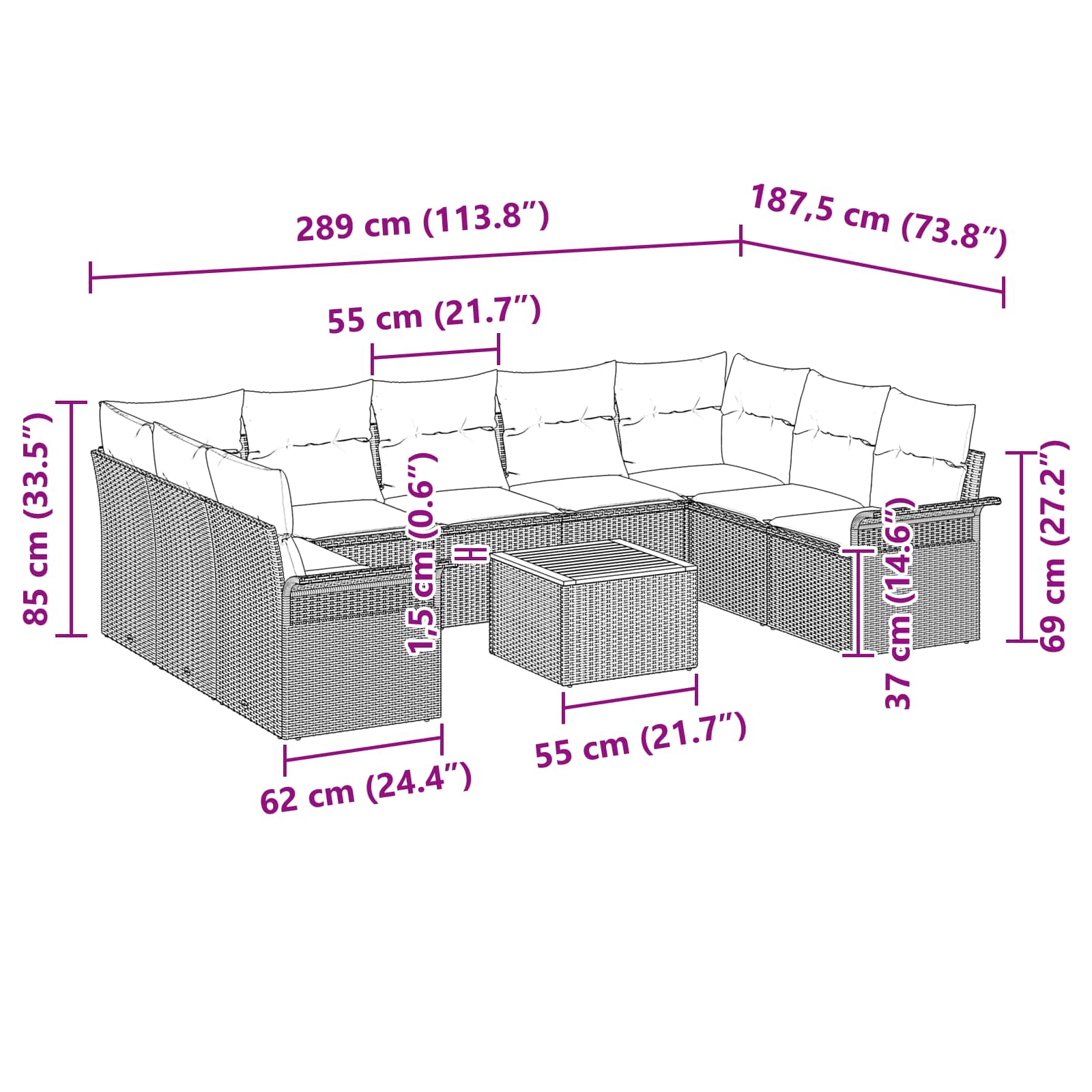 Gartensofa-set mit Kissen 10 pcs Schwarz Poly-Rattan