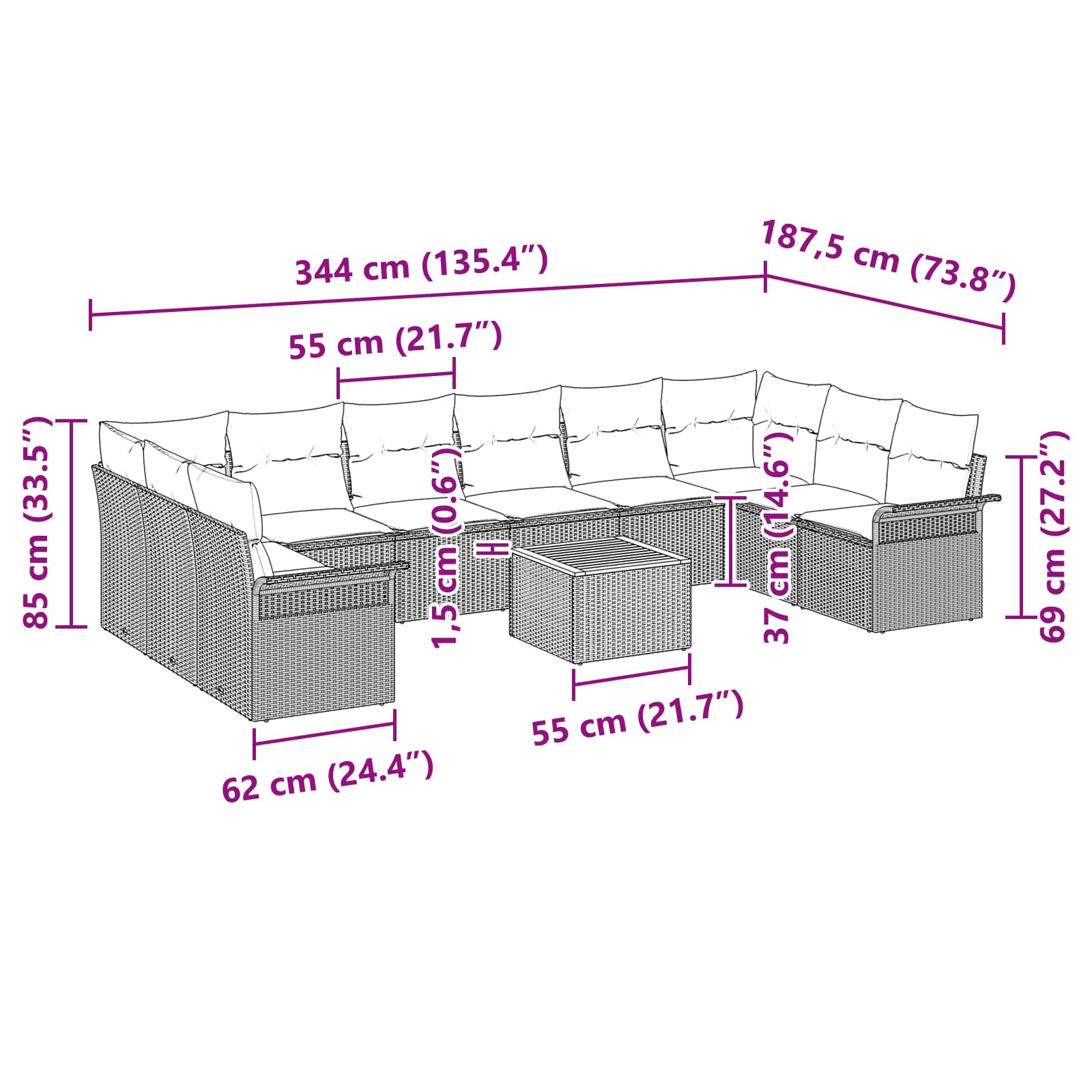Gartensofa-set mit Kissen 11 pcs Grau Poly-Rattan