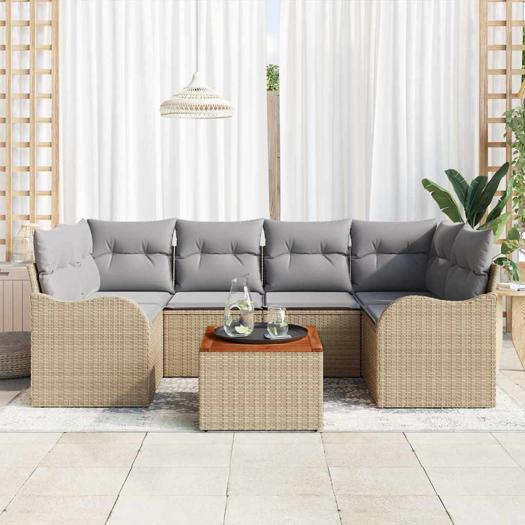 Gartensofa-set mit Kissen 7 pcs Beige Poly-Rattan