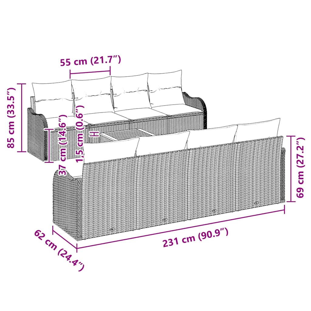 Gartensofa-set mit Kissen 9 pcs Schwarz Poly-Rattan