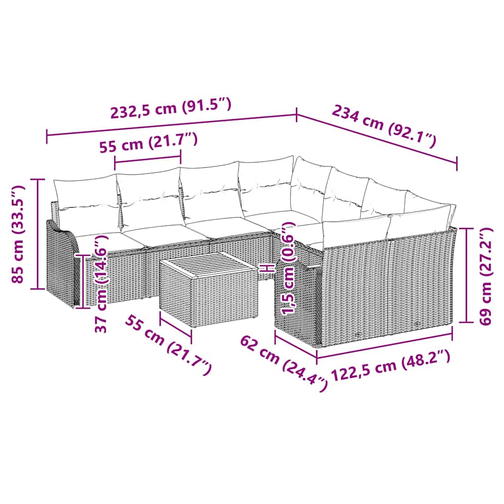 Gartensofa-set mit Kissen 9 pcs Grau Poly-Rattan