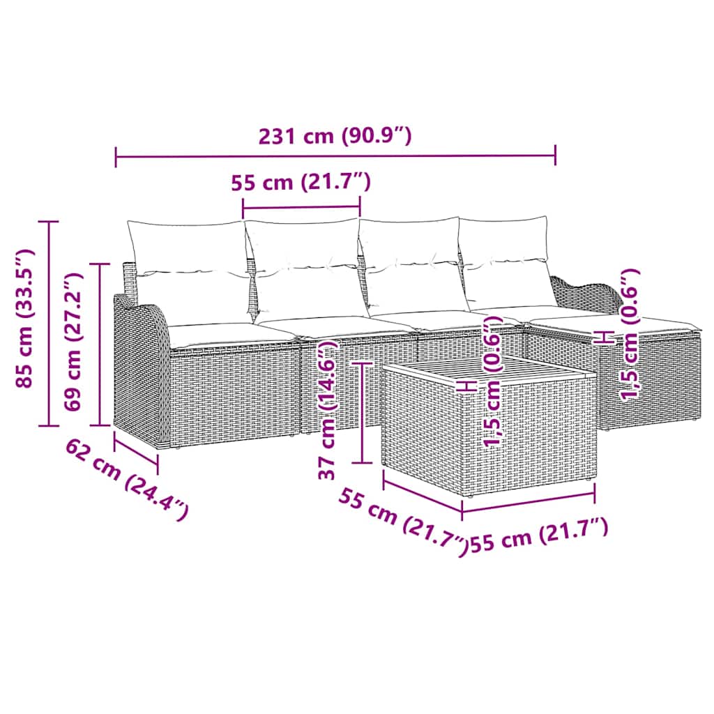 Gartensofa-set mit Kissen 6 pcs Schwarz Poly-Rattan