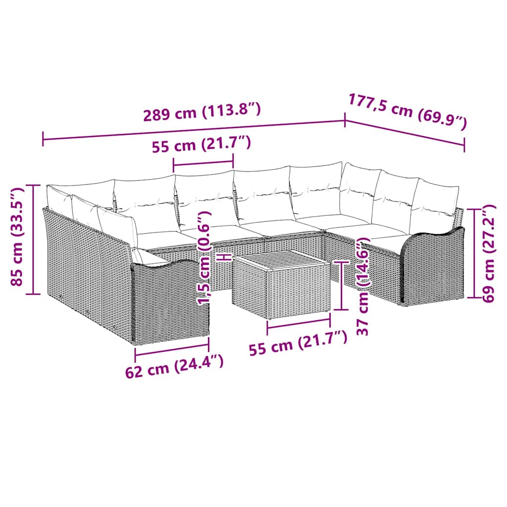 Gartensofa-set mit Kissen 10 pcs Grau Poly-Rattan