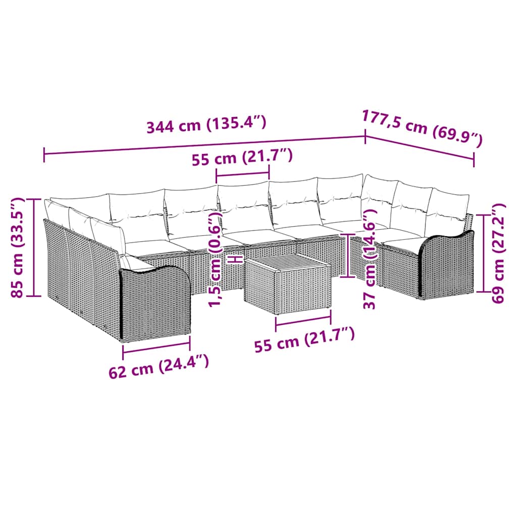 Gartensofa-set mit Kissen 11 pcs Schwarz Poly-Rattan