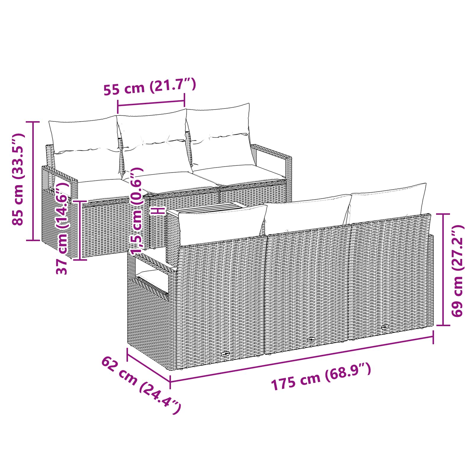Gartensofa-set mit Kissen 7 pcs Schwarz Poly-Rattan