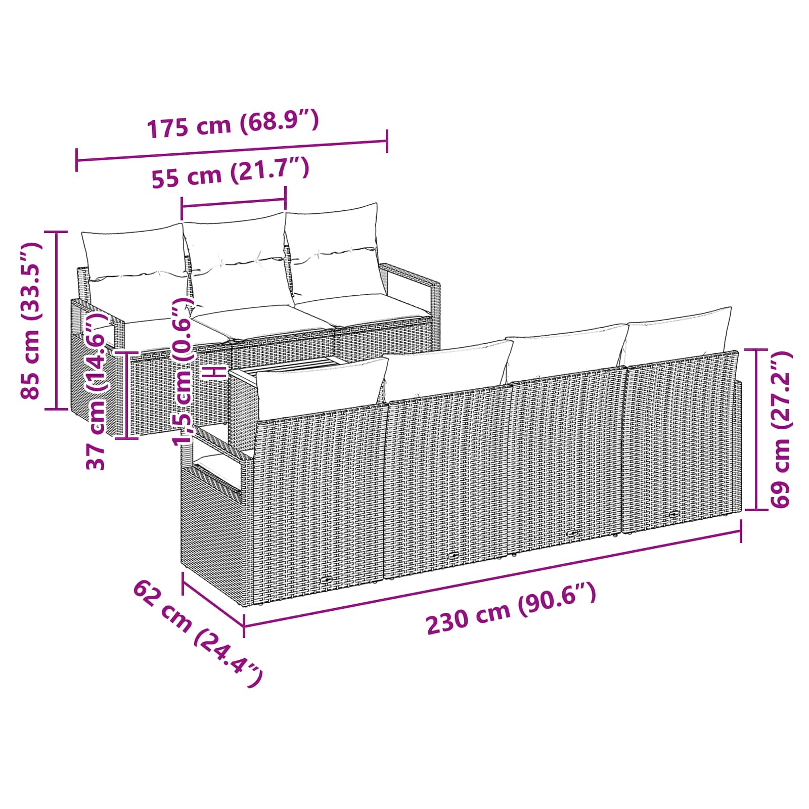 Gartensofa-set mit Kissen 8 pcs Grau Poly-Rattan