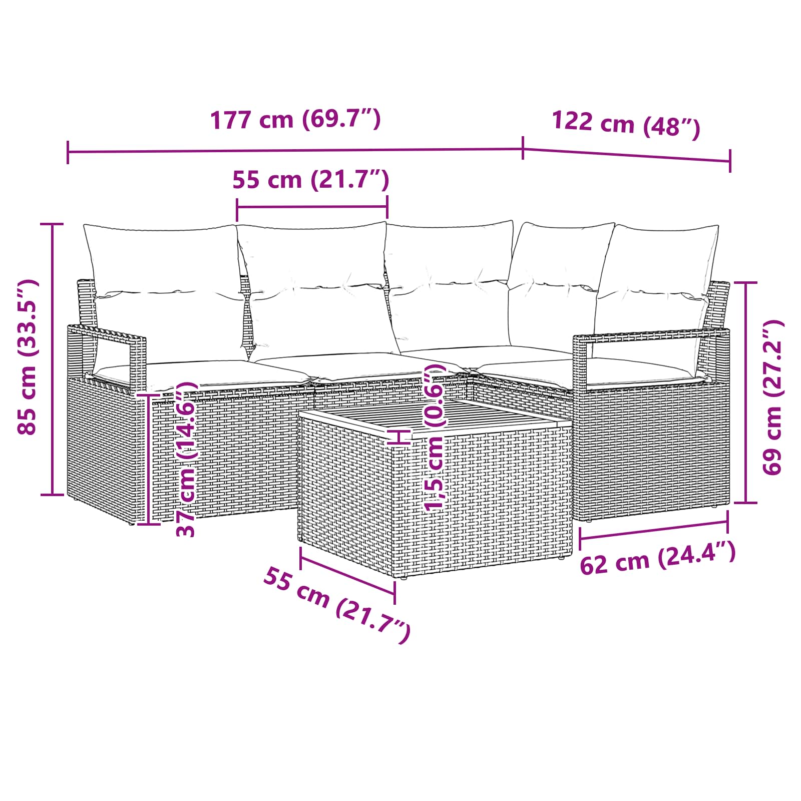 Gartensofa-set mit Kissen 5 pcs Grau Poly-Rattan