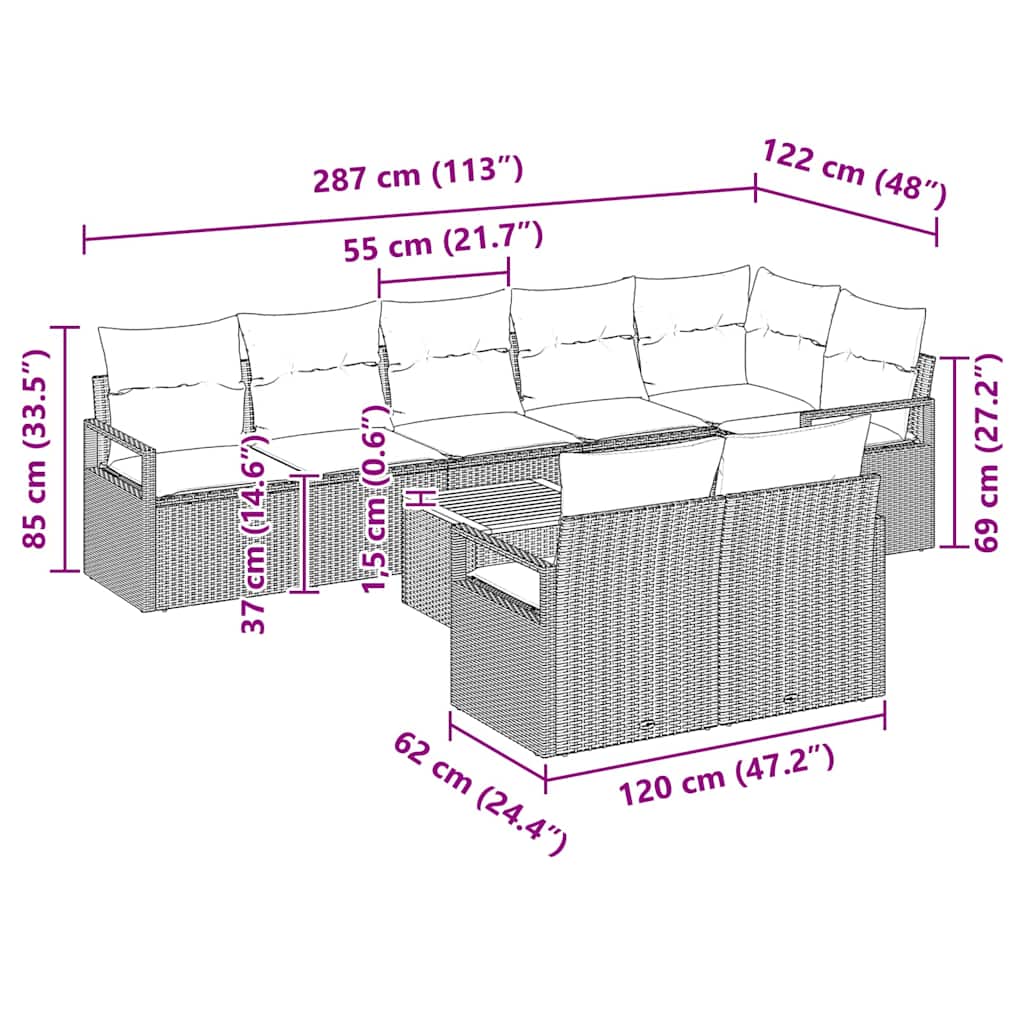 Gartensofa-set mit Kissen 9 pcs Beige Poly-Rattan