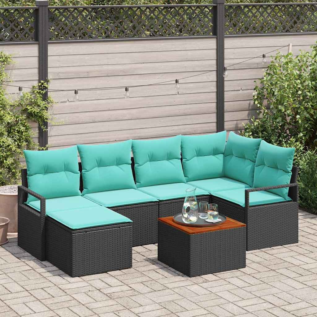 Gartensofa-set mit Kissen 7 pcs Schwarz Poly-Rattan