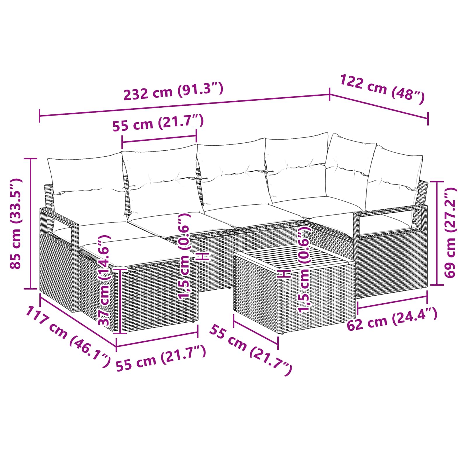 Gartensofa-set mit Kissen 7 pcs Schwarz Poly-Rattan
