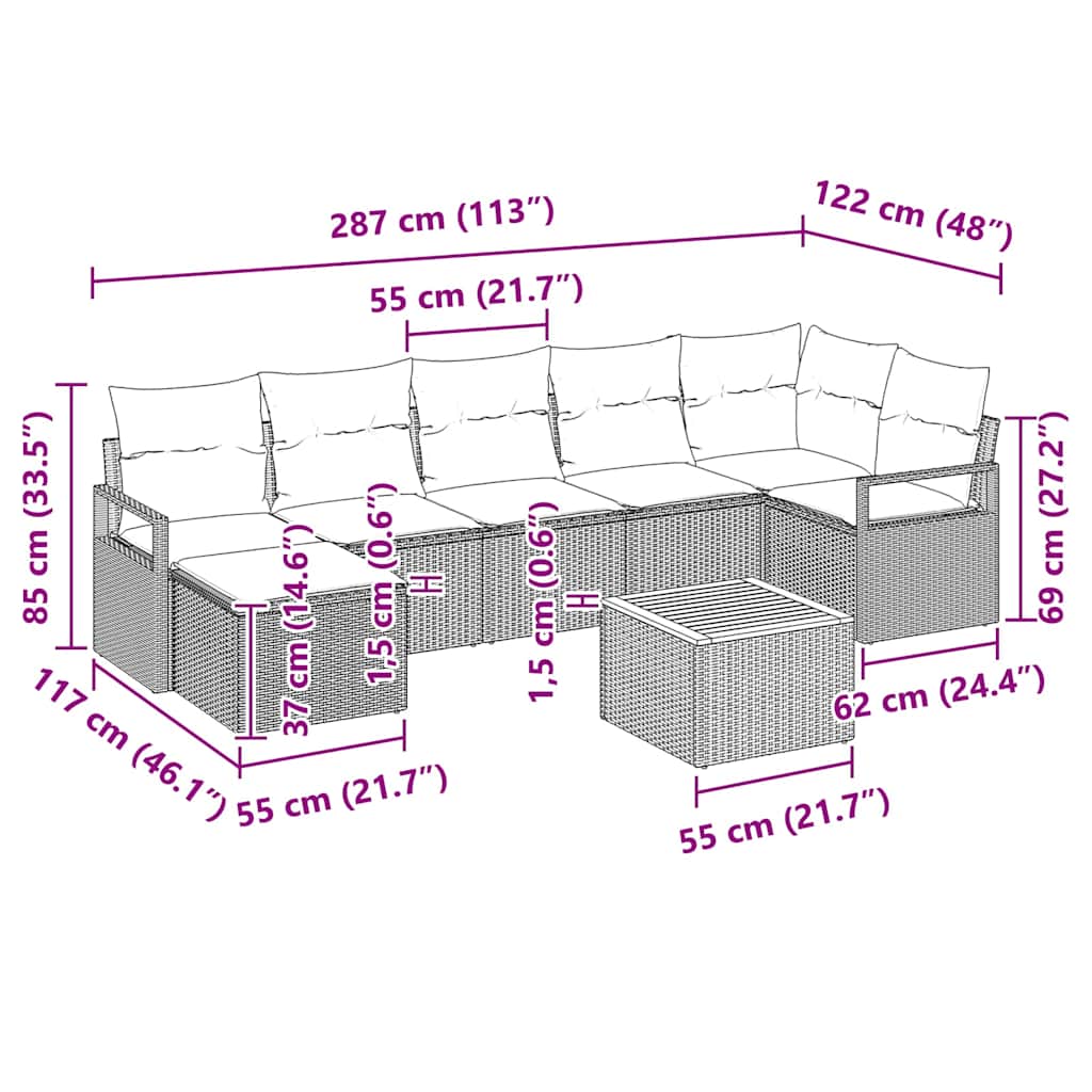 Gartensofa-set mit Kissen 8 pcs Schwarz Poly-Rattan