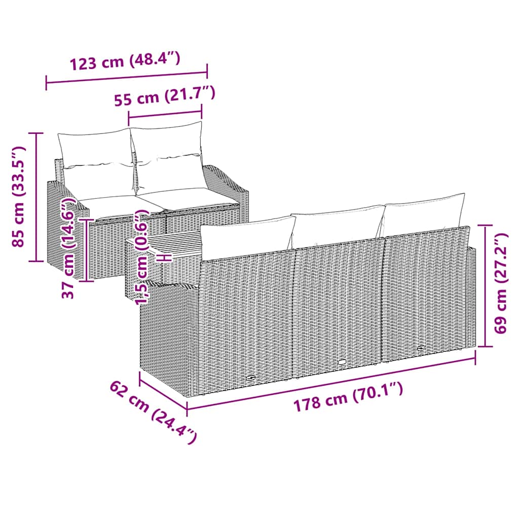 Gartensofa-set mit Kissen 6 pcs Grau Poly-Rattan